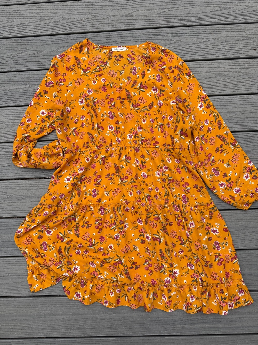 indigo soul Mustard Floral Tiered Dress with Pink & White Blossoms